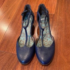 Blue T strap Camper leather kitten heels
